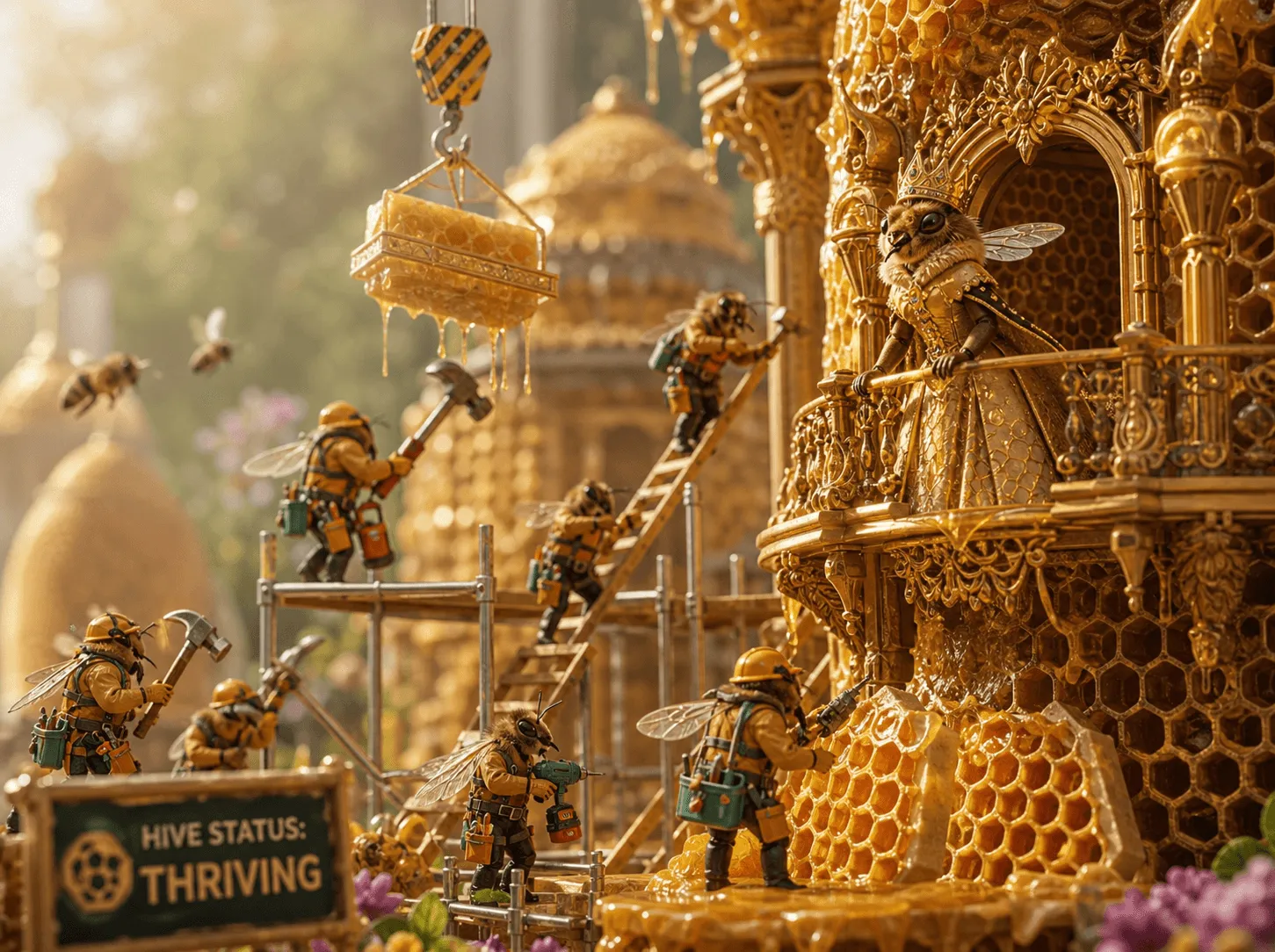 Illustration of worker bees building an ornate hive, with a queen bee overseeing the progress